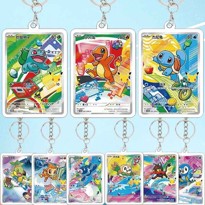 Portachiavi in acrilico Anime PKM DIY TCG 30° Anniversario Bulbasaur Squirtle Charmander, ciondolo a forma di piccola carta da gioco, regali e giocattoli