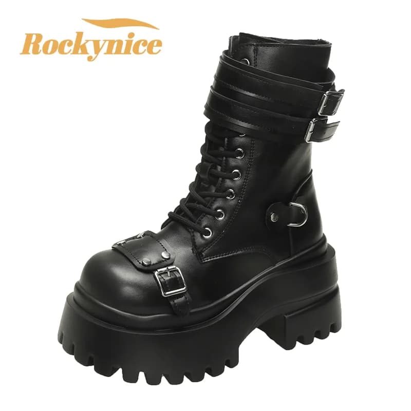9CM High Platform Gothic Boots Autumn Winter Warm Fur Leather Shoes Punk Street Cosplay Ankle Boots Belt Buckle Motorcycle Botas