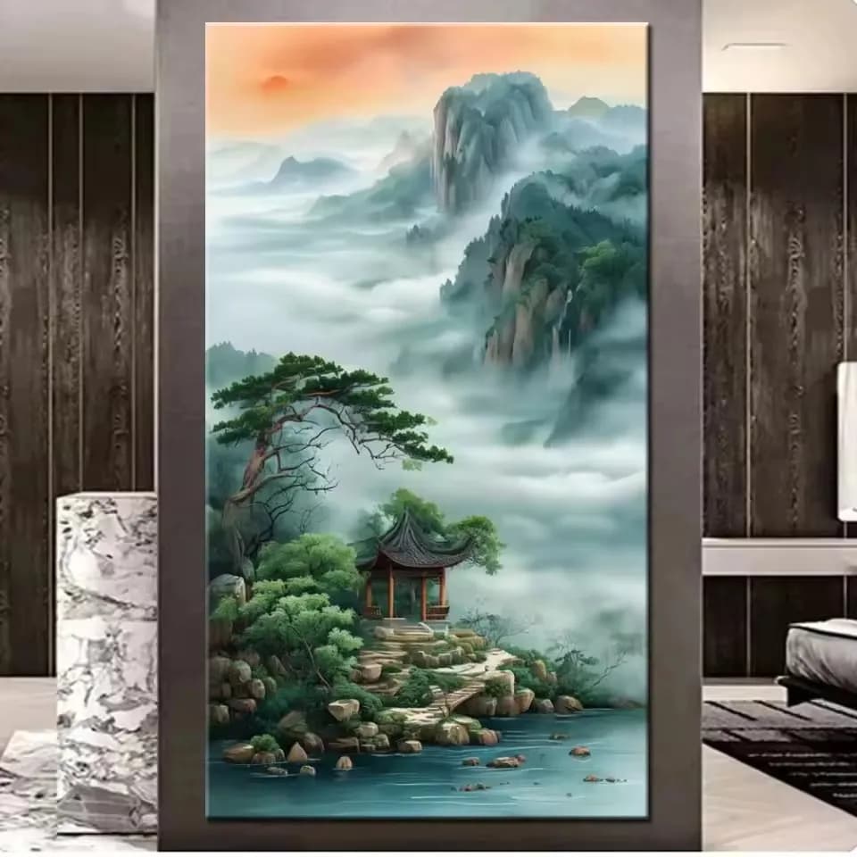 Paesaggio Pittura Diamante Montagne in stile cinese Paesaggio d'acqua 5D Fai da te Mosaico Arte Gioielli Punto croce Kit artigianale Ricamo