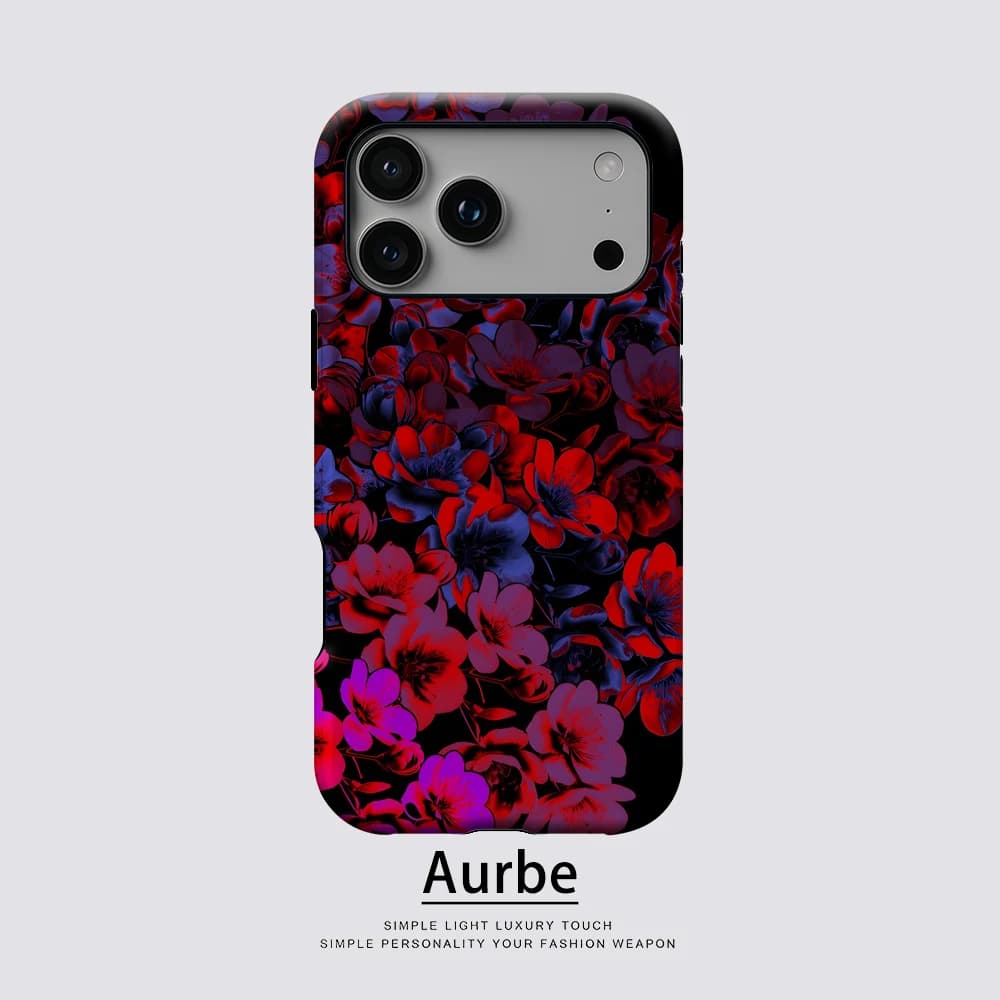 Custodia Magnetica Neon Floreale Nera per iPhone 17 16 15 14 13 Pro Max Plus, Custodia Robusta a Strato Singolo o Doppio