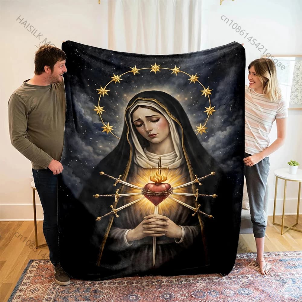 Coperta con stampa di figura sacra e cuore radiante, calda, morbida e soffice, per bambini e adulti, per divano, letto, viaggi all'aperto, campeggio, camper