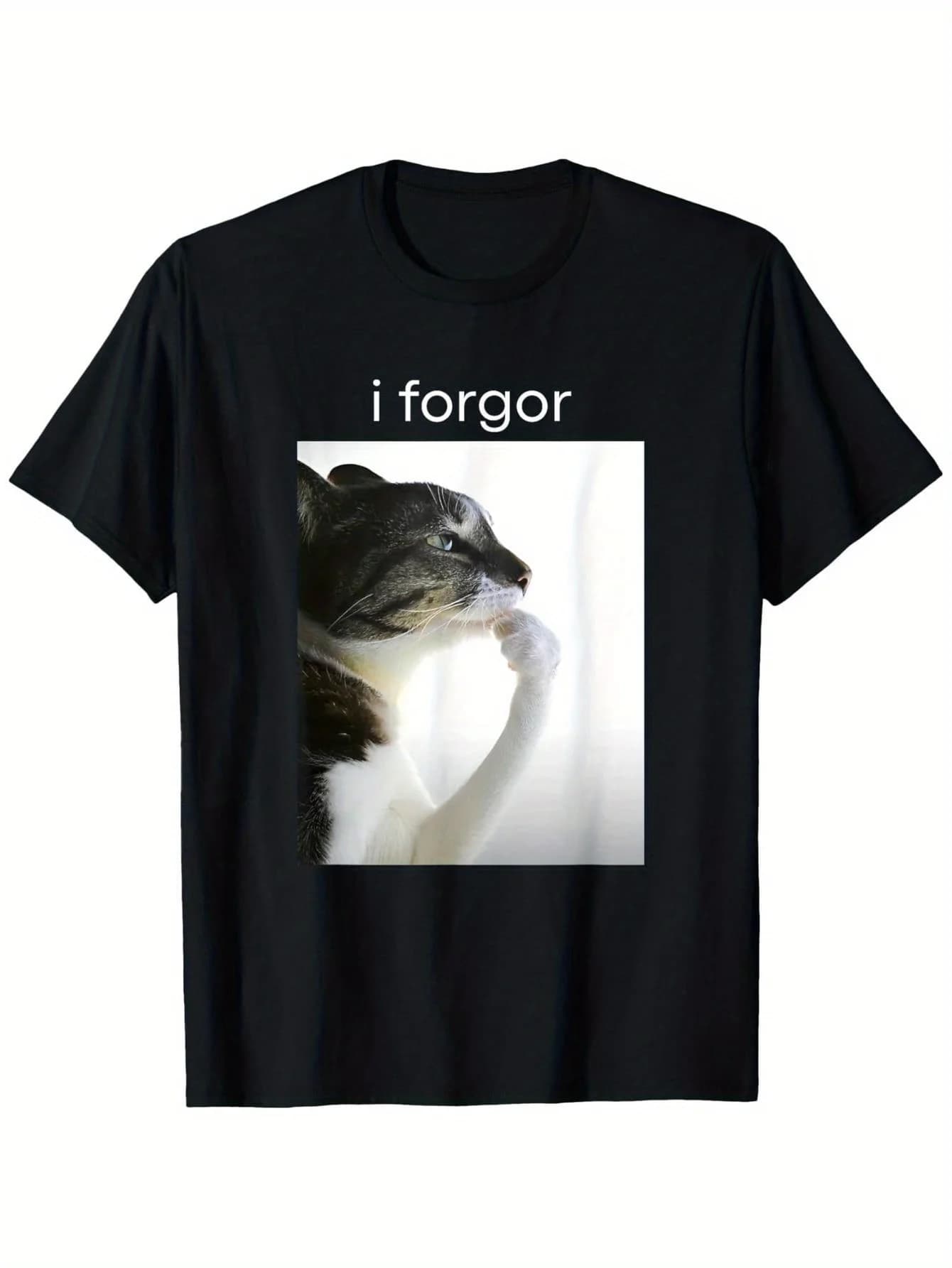 Divertente Maglietta con Memes di Gatti 'I Forget' in Stile 'Cringe Brainrot' per Uomo e Donna, 100% Cotone, Collo Tondo, Manica Corta, Abbigliamento Casual