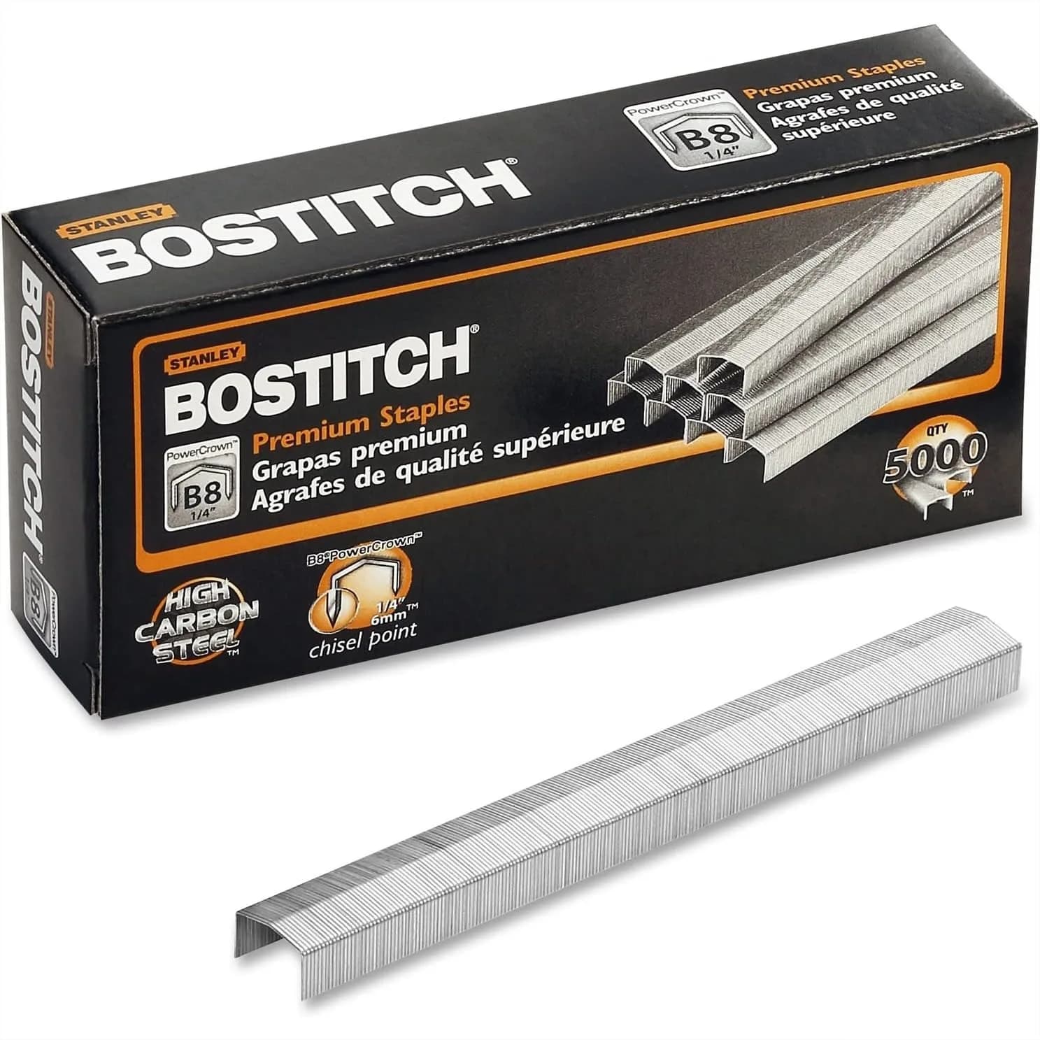 B8 PowerCrown Staples for Heavy Duty Staplers, 5000 per Box, 0.25 Inch Leg, Full Strip, Carbon Steel