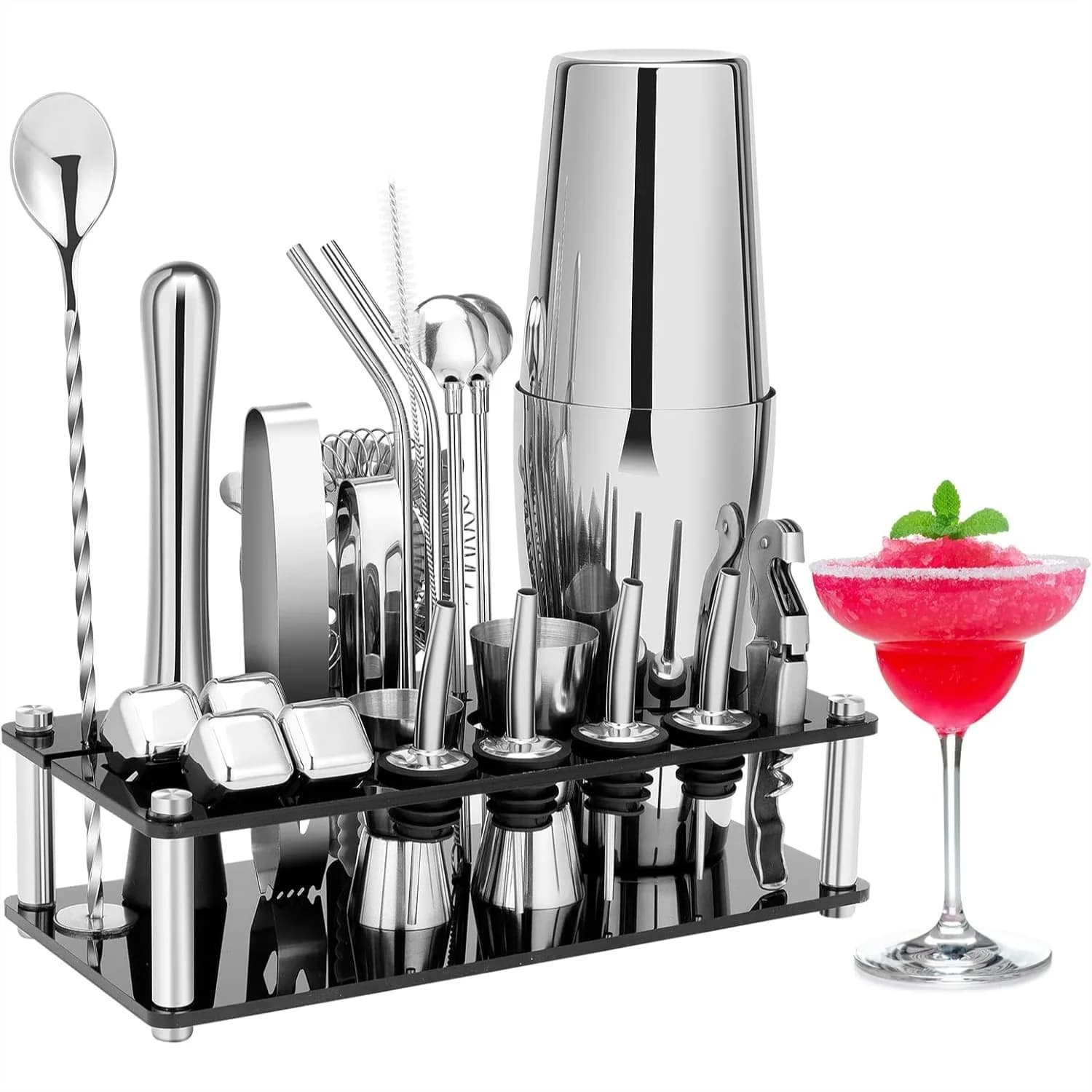 Set Professionale per Cocktail, Kit da Barman in Acciaio Inox 23 Pezzi con Supporto in Acrilico e Libro di Ricette per Bar Domestici