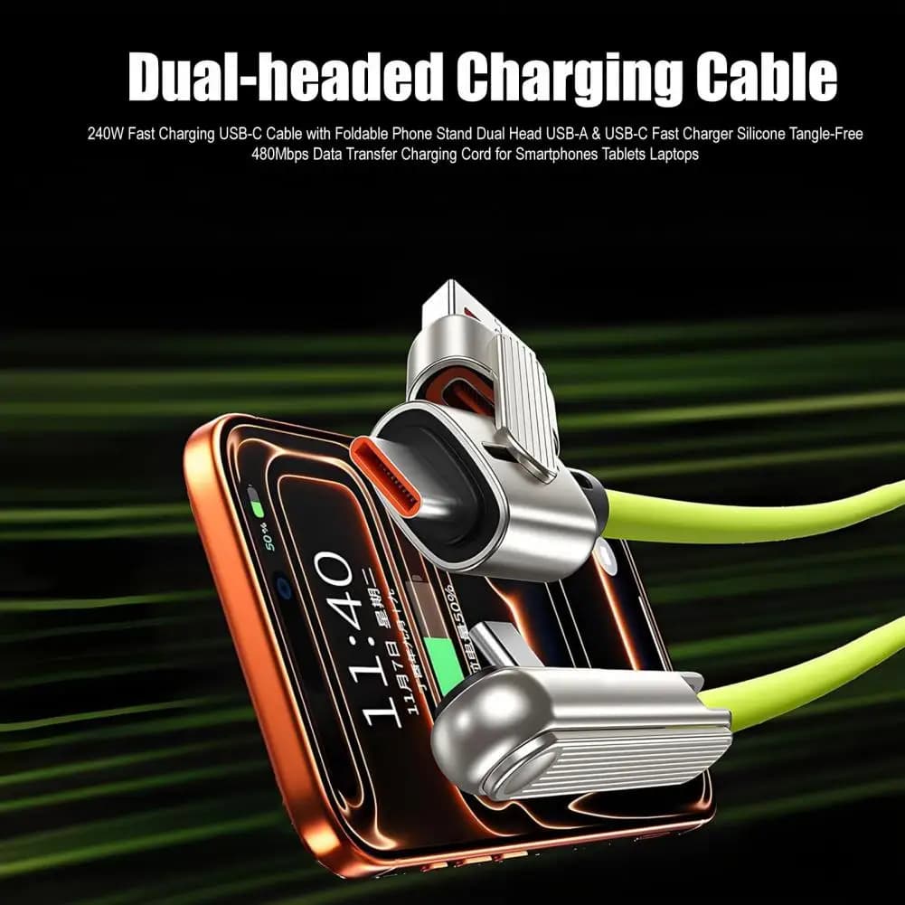 Cavo USB-C per Ricarica Rapida 240W con Supporto per Telefono, Doppia Testa USB-A e USB-C, Caricatore Veloce in Silicone, Trasferimento Dati 480Mbps