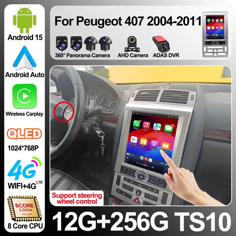 Autoradio Android 16 da 9,7 Pollici per Peugeot 407 2004-2011 con Carplay Wireless, Lettore Multimediale Stereo, GPS, Navigazione, Schermo 2din 5G