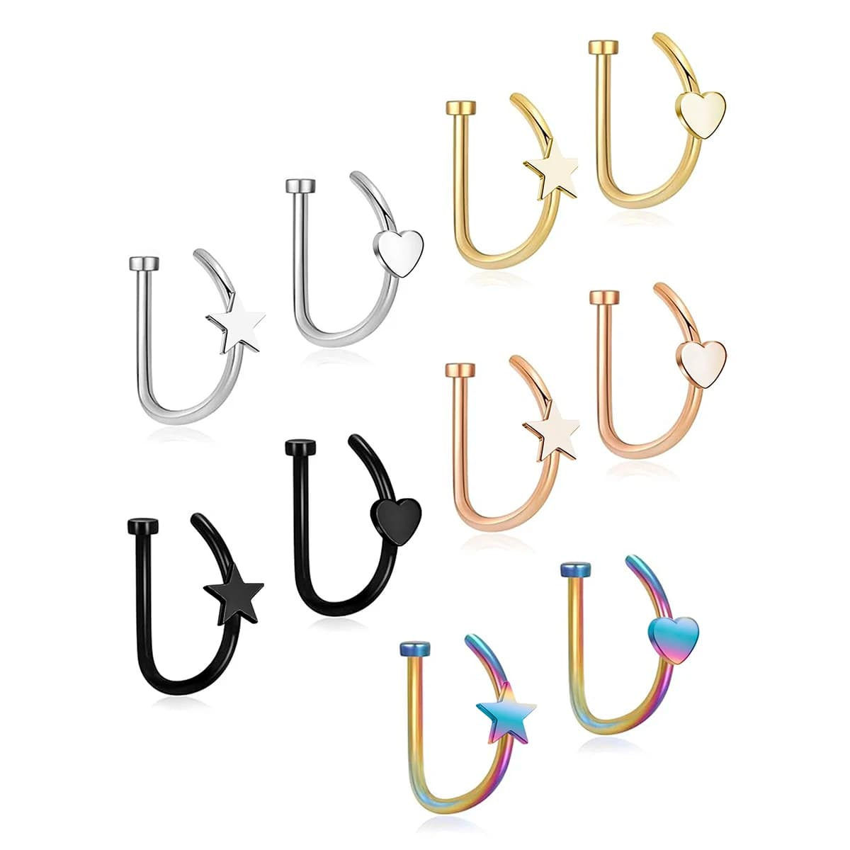 2 Pezzi Anello da Naso a D in Acciaio Chirurgico Ipoallergenico, Finto Piercing, Anello per Labbro, Anello per Cartilagine dell'Orecchio, Gioielli Unisex