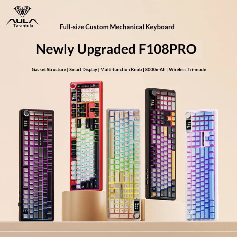 Aula F108pro Mechanical Keyboard 1 14 Inch Smart Screen Side Printed Gradient Custom Tri Mode 2 4g Wireless Bluetooth Rgb Gaming