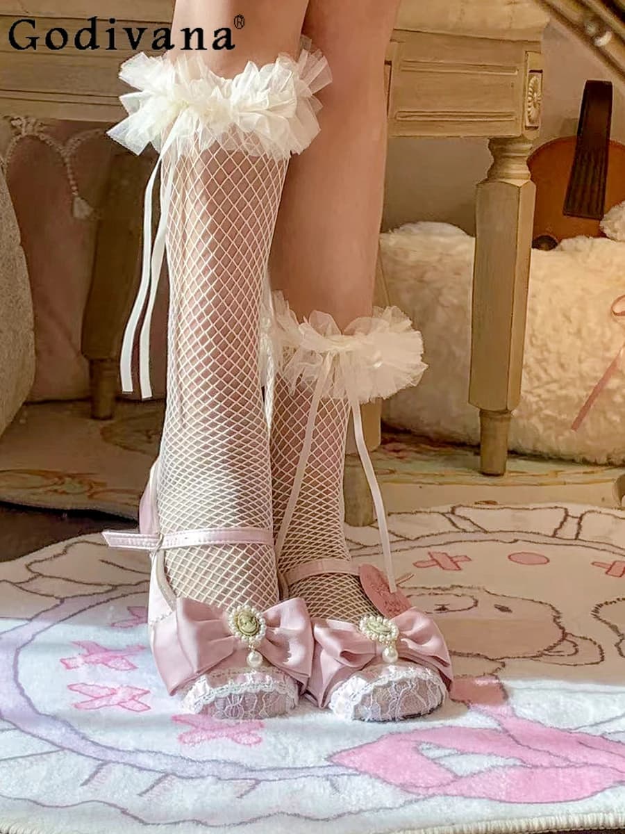 Calzini al polpaccio con rete da pesca cava in pizzo bianco Lolita originale giapponese Calzini estivi sottili e dolci per ragazze Pure Desire