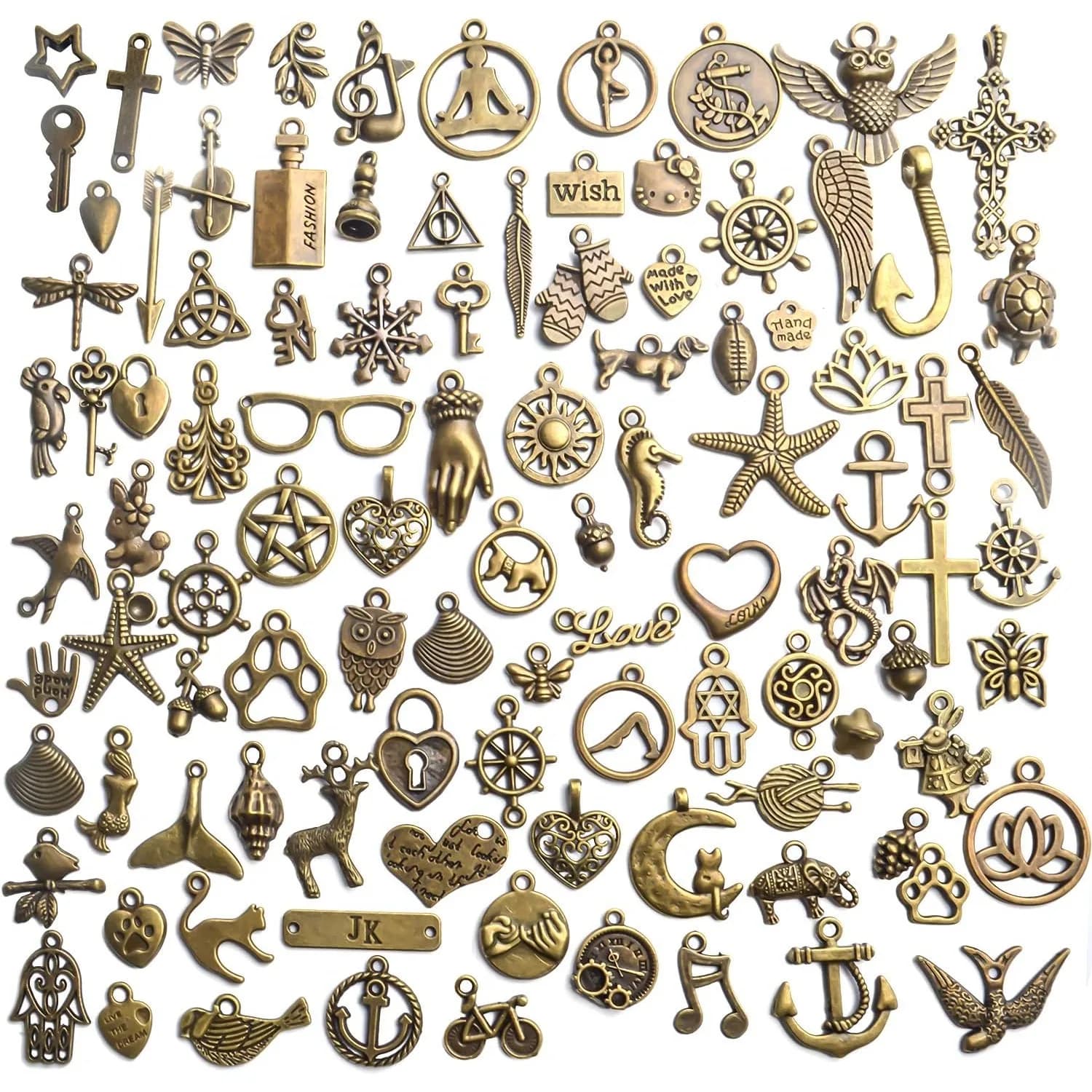 Ciondoli vintage sfusi, 100 pezzi di ciondoli in bronzo antico, ciondoli in lega, creazione di gioielli, per collane, bracciali, orecchini