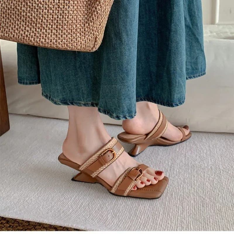 Vintage woven belt buckle, new women's summer slippers with high heel and square tip