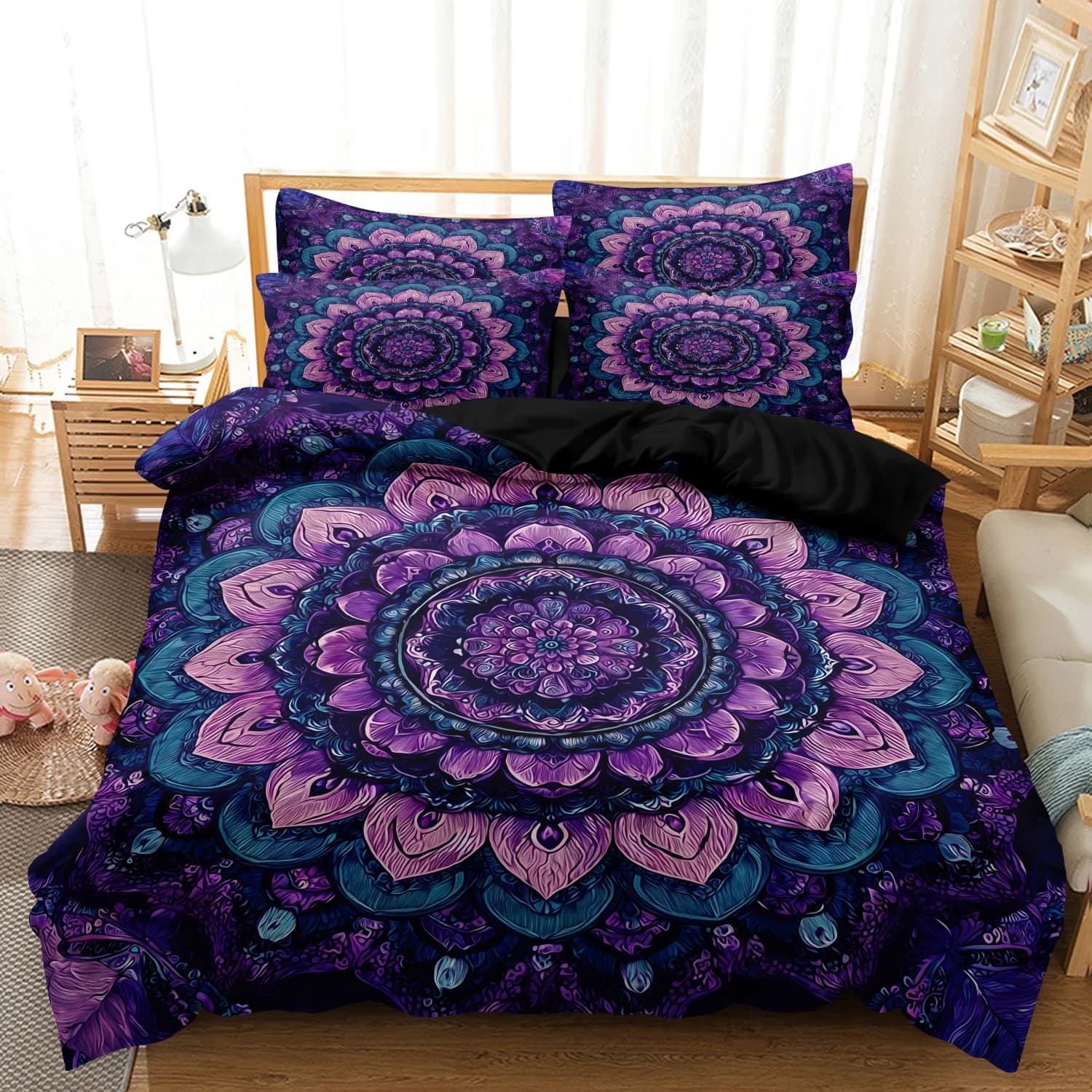 Psychedelic Bohemian Mandala Print Duvet Cover Set, 3Pcs Deep Purple Teal Large Floral Mandala Feather Spiritual Pattern Bedding