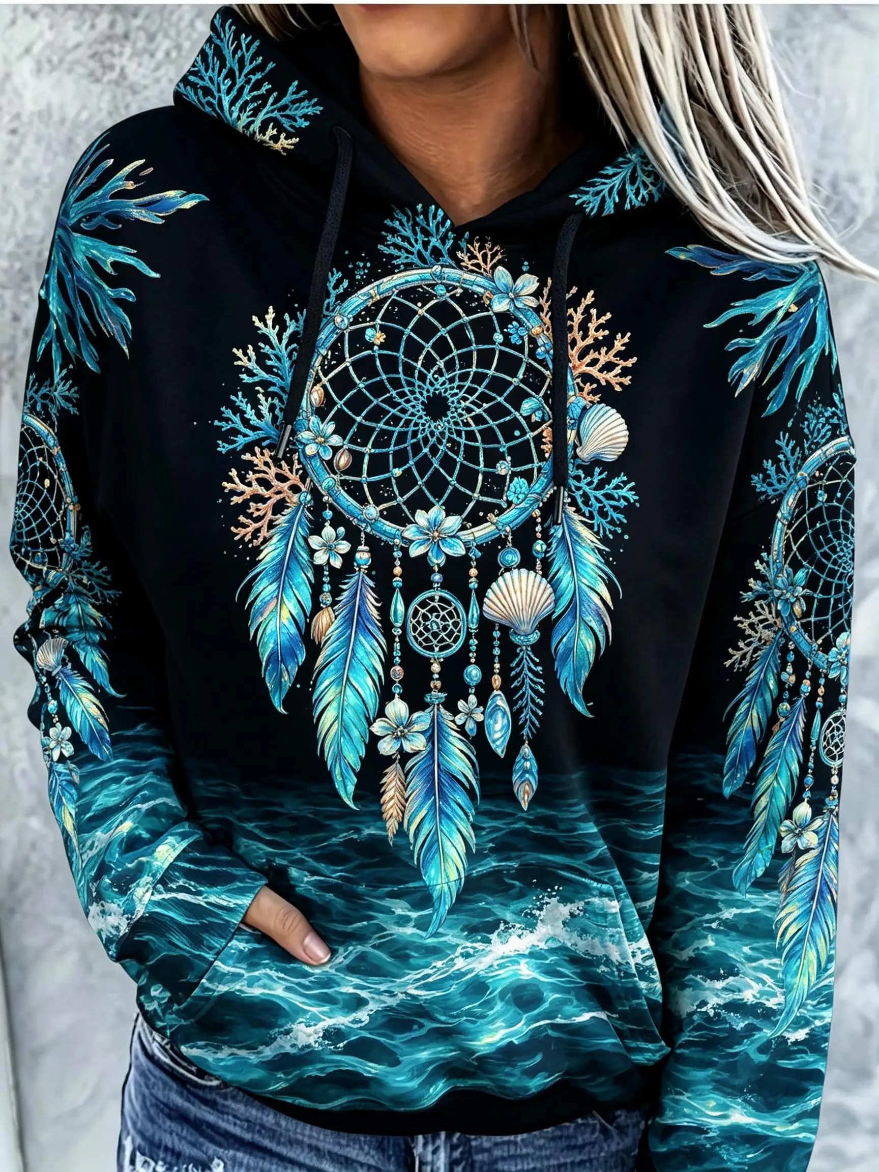 Women Fleece Hoodie Boho Dreamcatcher Green Fern Floral Print Long Sleeve Drawstring Pocket Loose Casual Hooded Sweatshirt