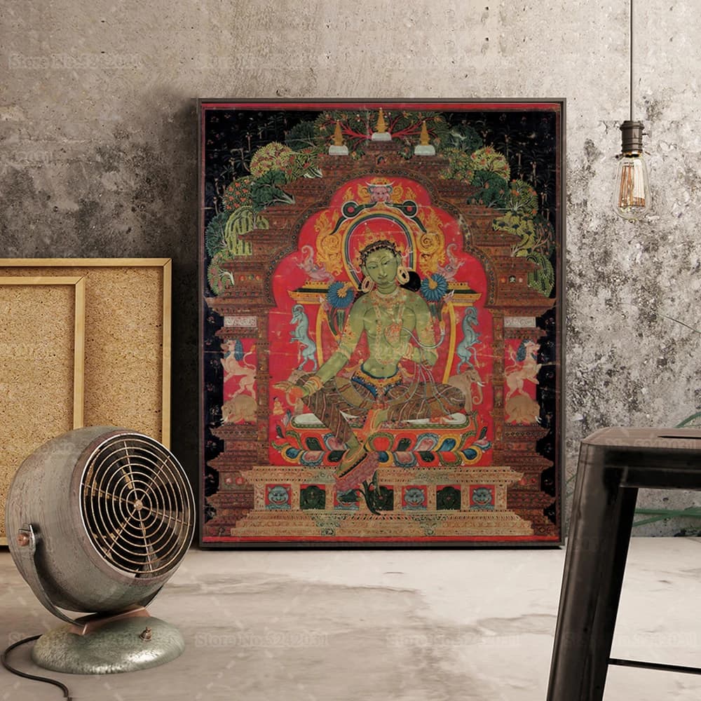 Thangka of Green Tara Print Poster Tibetan Devotional Painting on Canvas Buddha Wall Art Decor