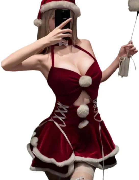 Original New Style Atmosphere Sensual Velvet Red Suspender Dress COS Christmas Dress Pure Desire Halter Sexy Lingerie Women