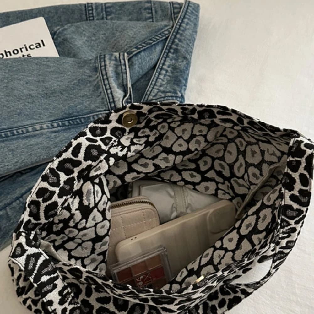 Fabric Shoulder Bag with Leopard Print, Geometric Retro Shoulder Bag, Large Capacity Hand Bag, External Messenger Bag