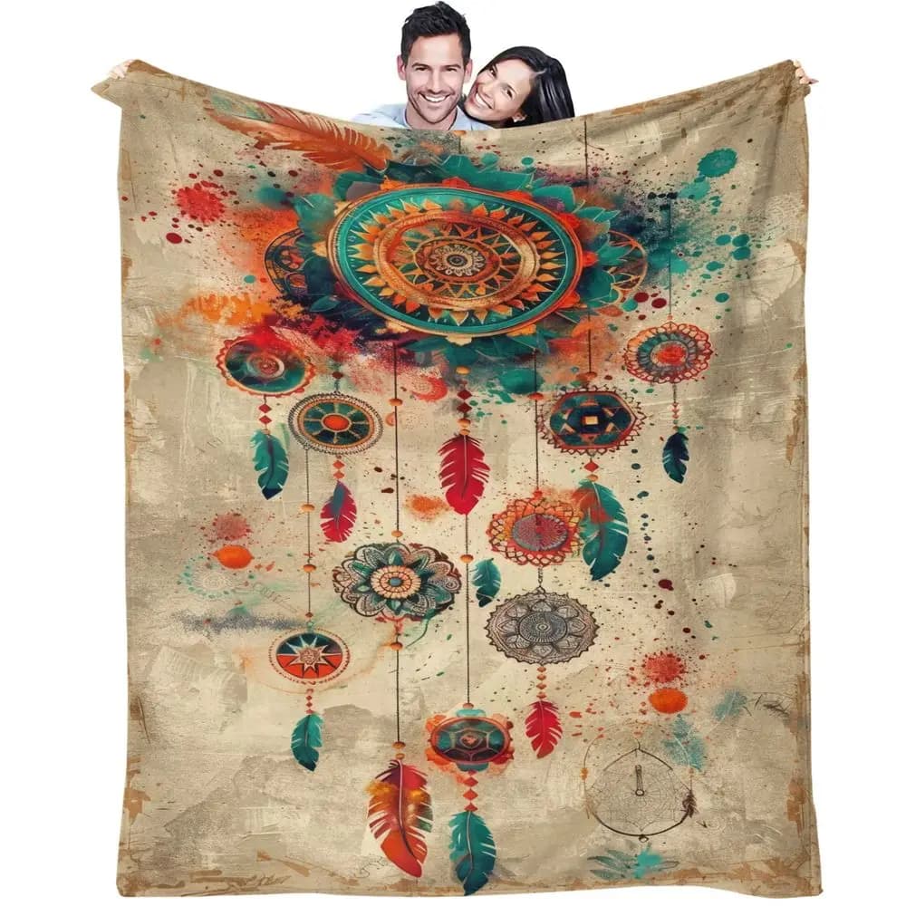 Boho Dreamcatcher Print Flannel Blanket Throw Blanket Warm Gift Blanket Digital Printed Soft Plush Bed Sofa Cozy Home Decor