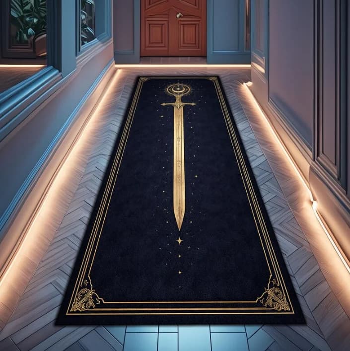 Dark Area Runner Rug Luxury Hallway Long Runner Carpet Kitchen Mat Vintage Sword Print Non Slip Washable for Laundry High End