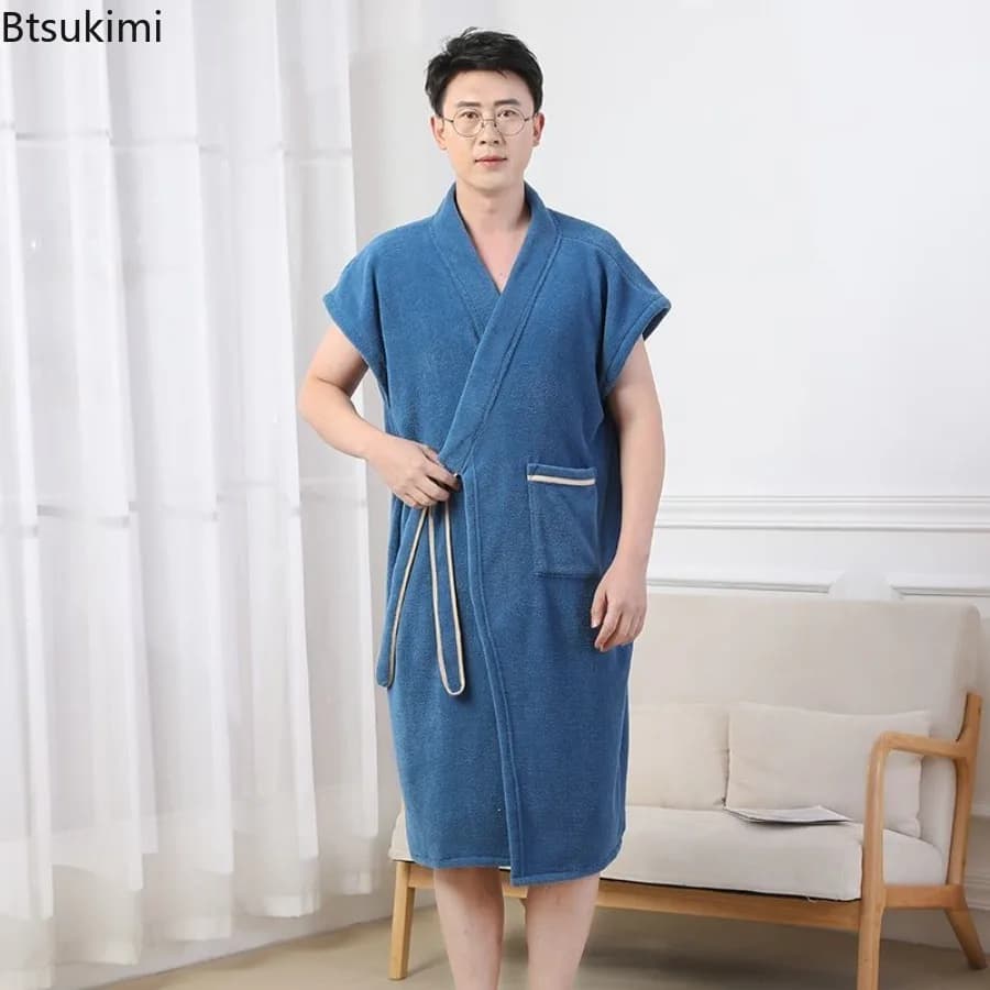 New Men's Bathrobe 2026 Estivo Senza Polsini con Cintura e Tasche, Tinta Unita, Drying Fast, Absorbent, for Adults