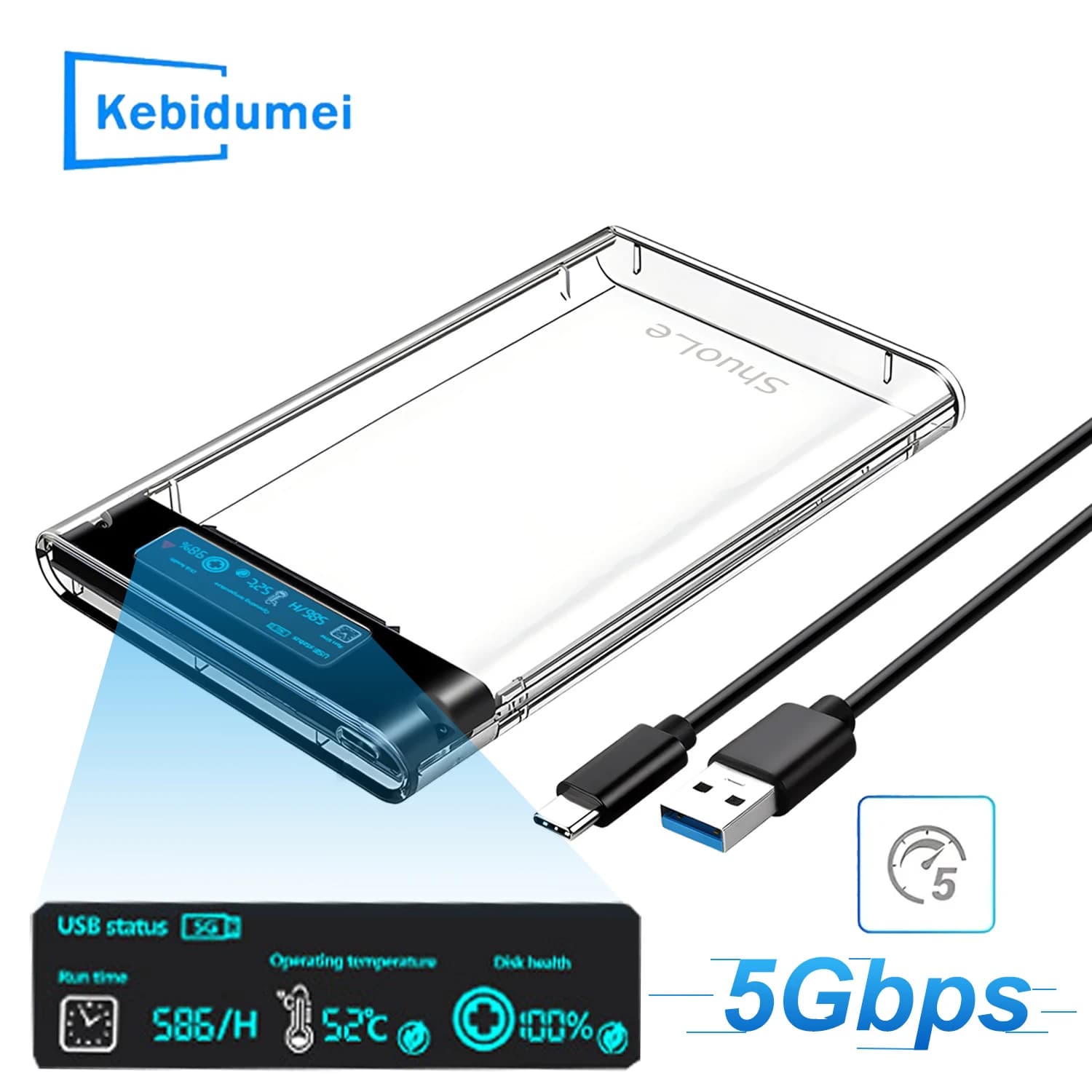 Scatola per disco rigido trasparente da 5 Gbps, custodia esterna SSD meccanica a stato solido di tipo C esterna per laptop da 2,5 pollici con display digitale