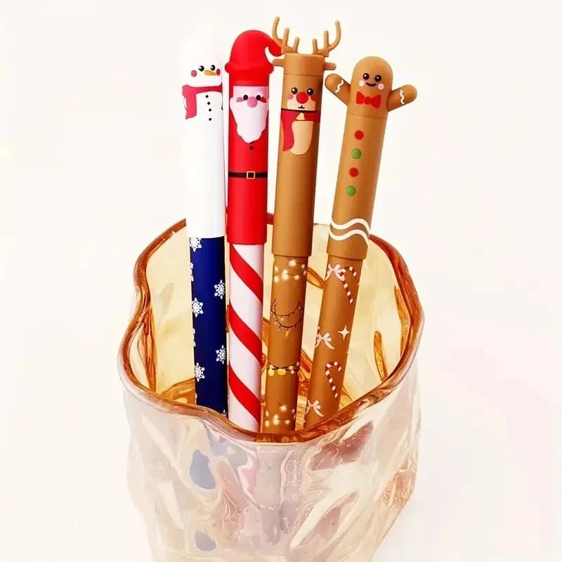 4 Types of Christmas-Themed Erasable Gel Pens Featuring Designs of Santa Claus, Snowmen Reindeer Gingerbread Erasable Pens