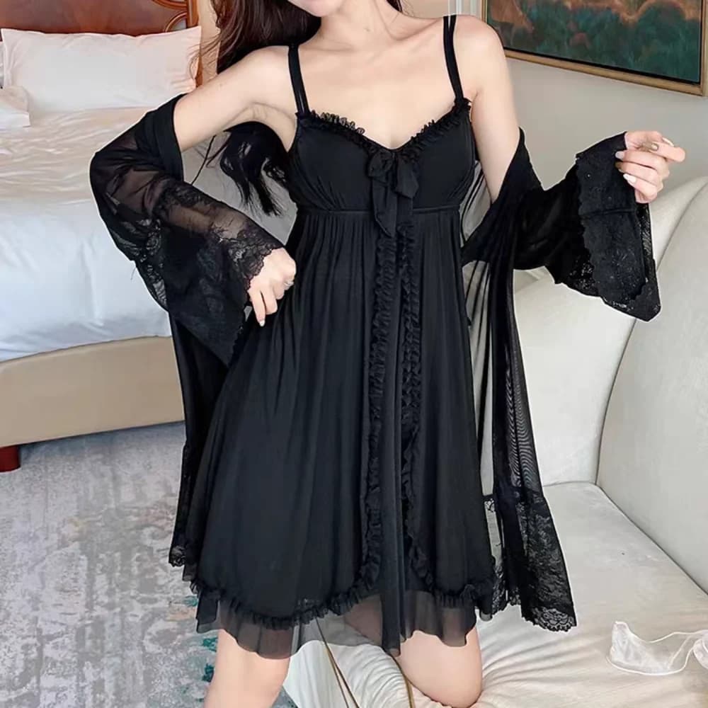 Abito da pigiama da donna con fiocco in pizzo Camicia da notte con volant Abito da notte senza maniche Abito da notte Set Indumenti da notte Homewear Camicia da notte con imbottitura