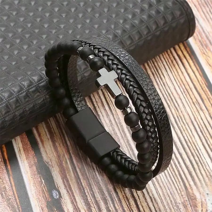 Bracciale in Pelle con Croce e Perline di Ossidiana, Regalo per Feste, Bracciale Raffinato