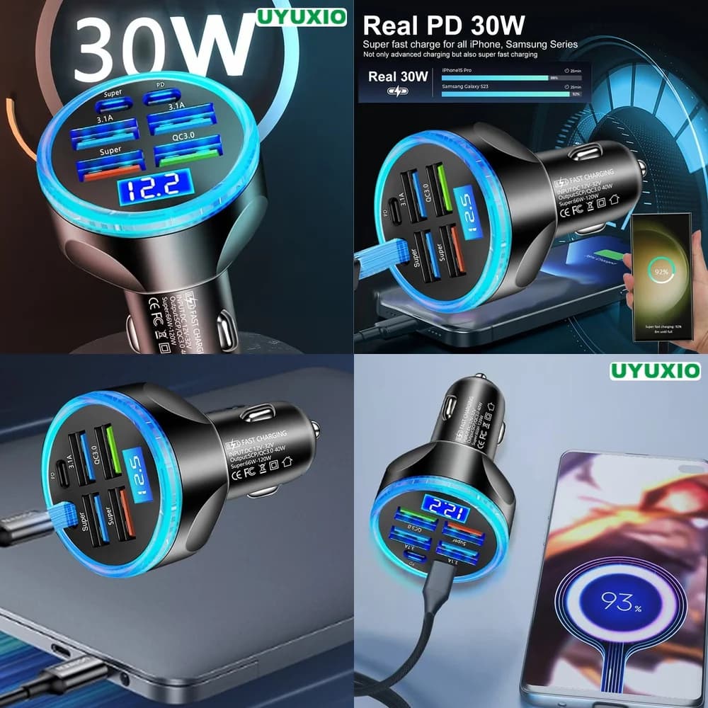 Car Charger LED Digital Display 6 Ports Super Fast Fast Charging PD 30W for iPhone 17 16 15 14 Pro Max Plus Plug Smart IC Chip