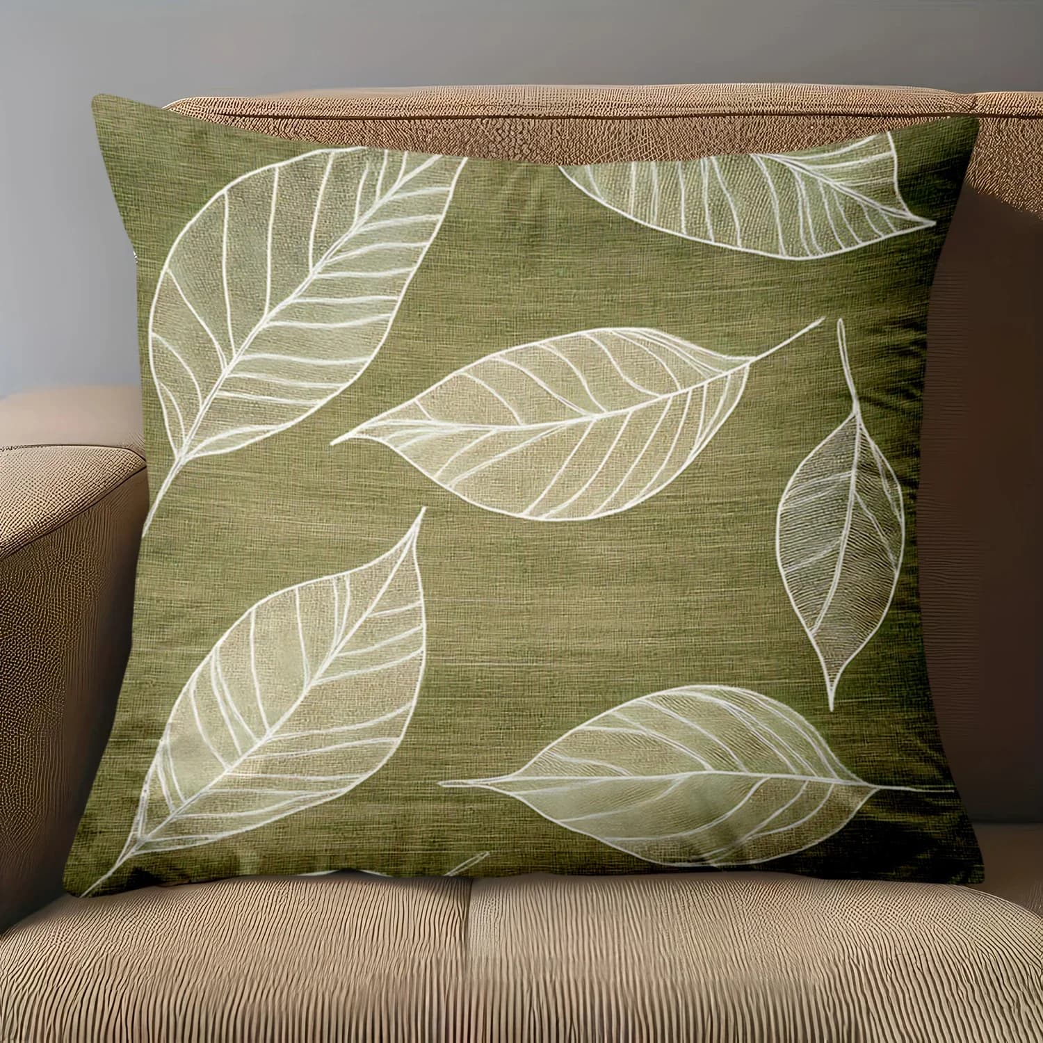 Federa decorativa per cuscino con motivo a foglie verde oliva su entrambi i lati - Copricuscino per divano stampato in 2D con bordo in pizzo, 1 pezzo