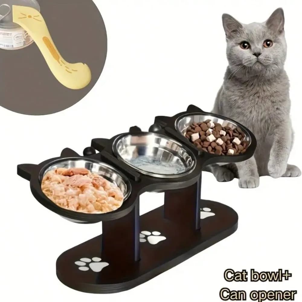 Distributore di cibo per gatti - Angolo regolabile di 15 gradi, 3 ciotole per cibo per animali domestici, legno e acciaio inossidabile, portatile e smontabile per facilitare il trasporto