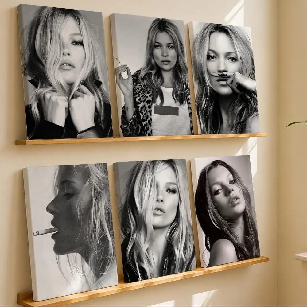 Fashion Model K-Kate Moss Framed Wall Painting Canvas Art Poster with Solid Wood Frame for Living Room Home Decor