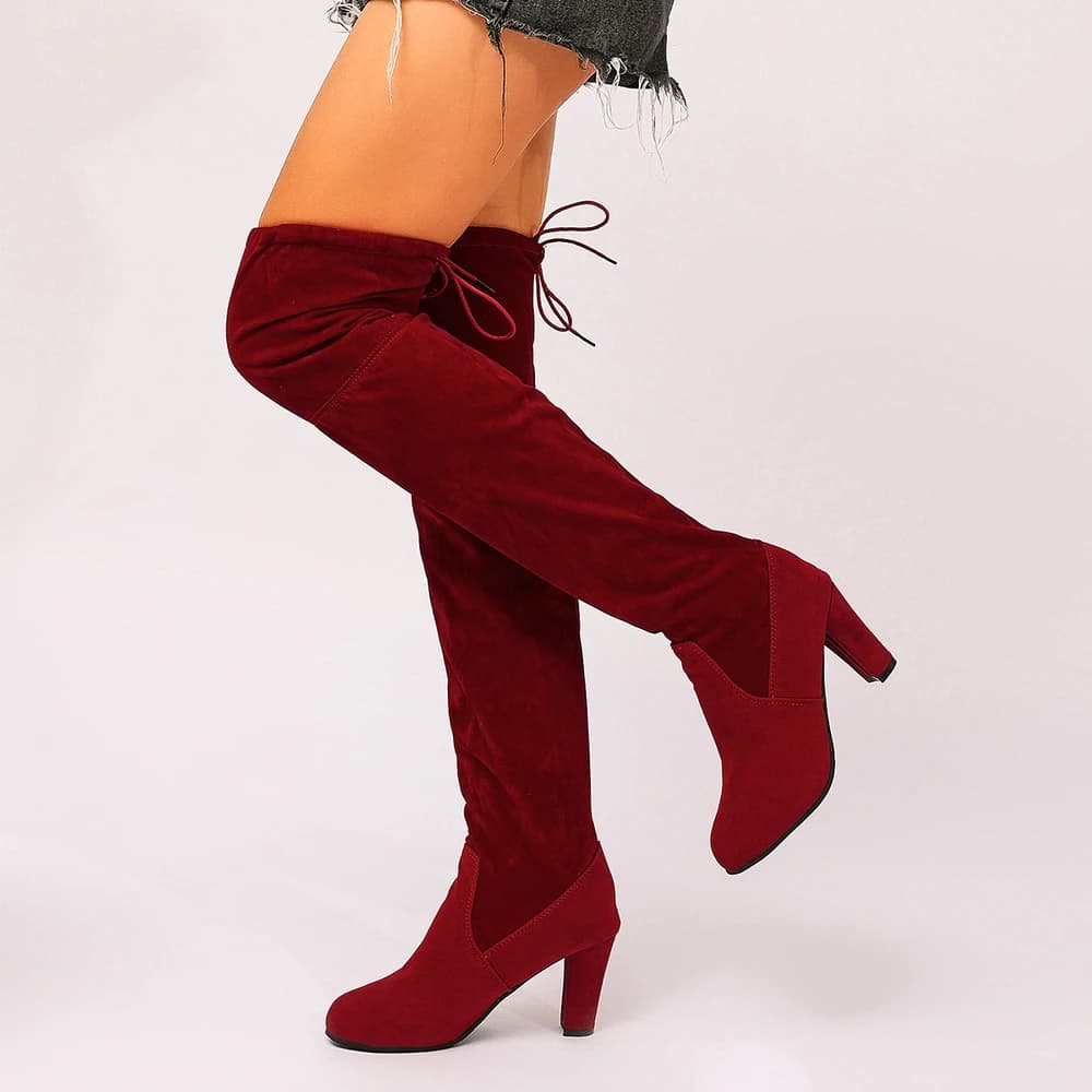 2025 Inverno sopra il ginocchio Donna Lace Up Stivali comodi Tacco alto Slip on Punta a punta Donna Eleganti stivali lunghi Scarpe da donna