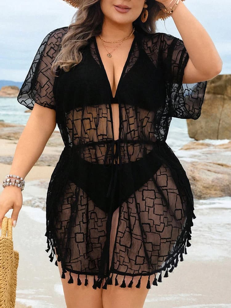 Women's Plus Size Beach Cover, Transparent with Nappe, Short, Sexy, Drilled, Solar Protection, Beach Dress, Bathroom Dress