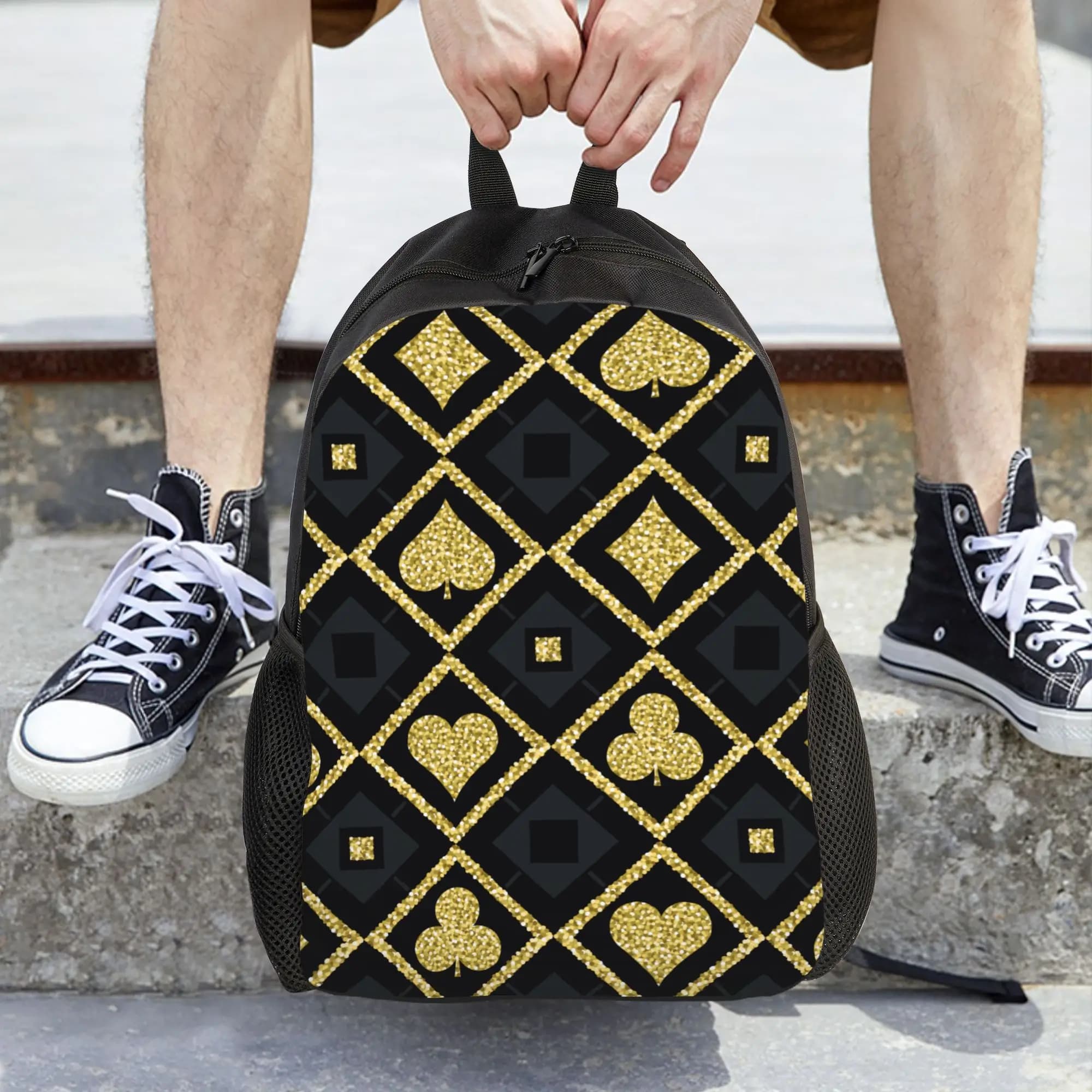 Zaino da donna con stampa di carte da poker, borsa da scuola alla moda per bambini, zaino per laptop, borsa a tracolla da viaggio per adolescenti