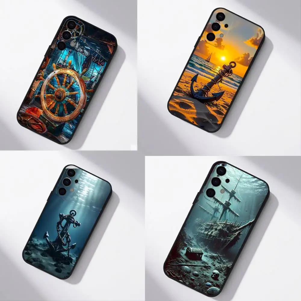 Cover Nera per Telefono con Motivo Ancora, Barca e Timone per Samsung S26, S25, S24, S21, S22, S23, S30, Ultra, S20, Plus, FE, Lite, 5G