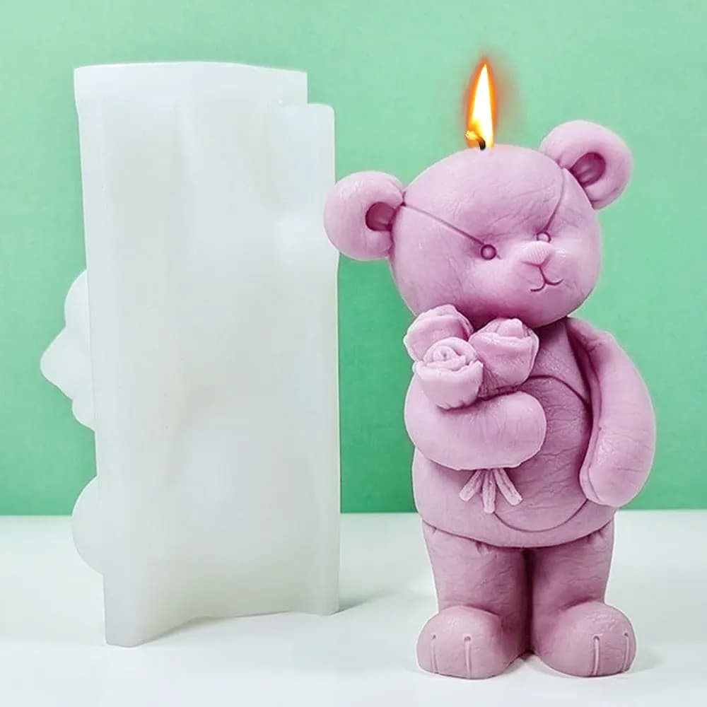 Confession Bear Animal Candle Silicone Mould Rose Flower Teddy Bear Resin Painting Plaster Decor Valentine's Day Chocolate Gifts