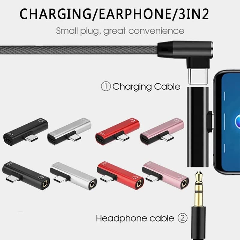 Dual-Port Type C Audio Adapter with 3.5 mm jack, 2-in-1 headphone adapter, audio charger, Xiaomi Huawei 2026 accessory dispenser