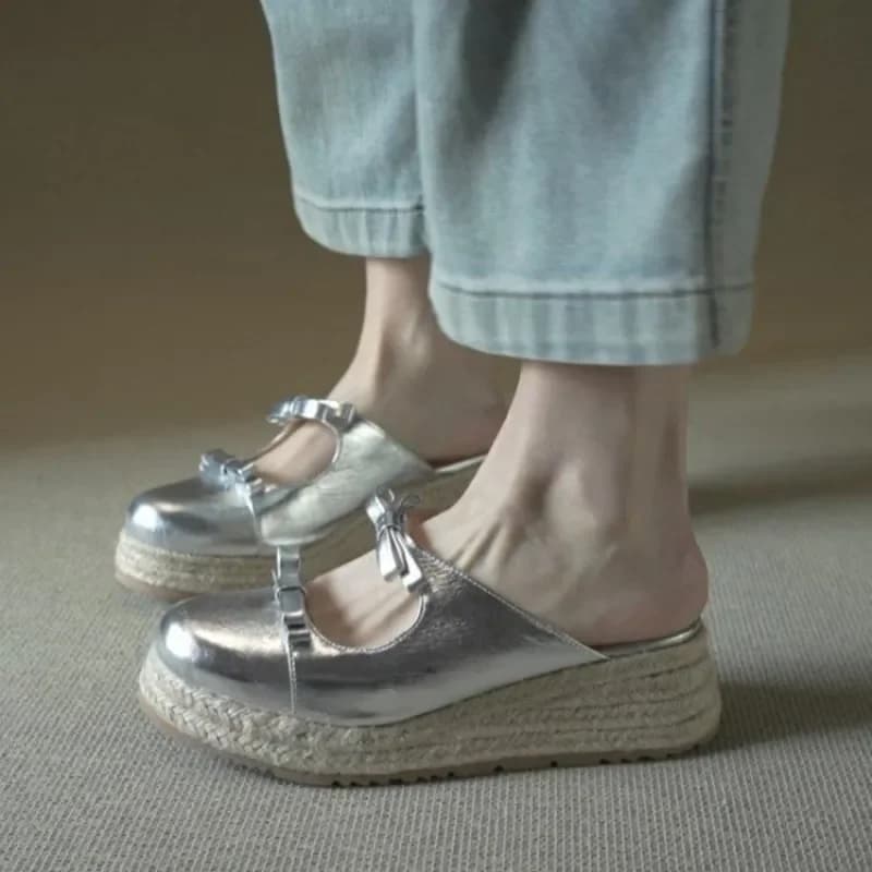 Mules Mary Jane Metallizzate da Donna, Eleganti Sandali con Doppio Fiocco e Plateau, Espadrillas Chic a Punta Chiusa, Scarpe Estive di Tendenza