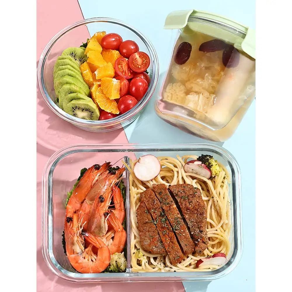 Contenitore per Pranzo in Vetro Borosilicato con Coperchio per Microonde, Conservazione Alimenti, per Adulti, in Acciaio Inox