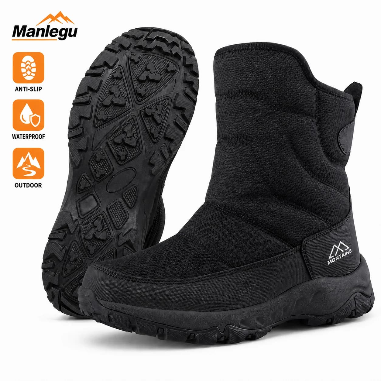 Black Winter Snow Boots for Women Men Waterproof Plush Lined Zipper Non Slip Outdoor Work Hiking Shoes Plus Size