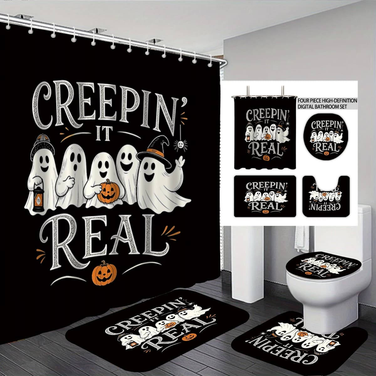4PCS Halloween ghost pumpkin bathroom four-piece set including a shower curtain toilet seat cover U-shaped mat floor mat