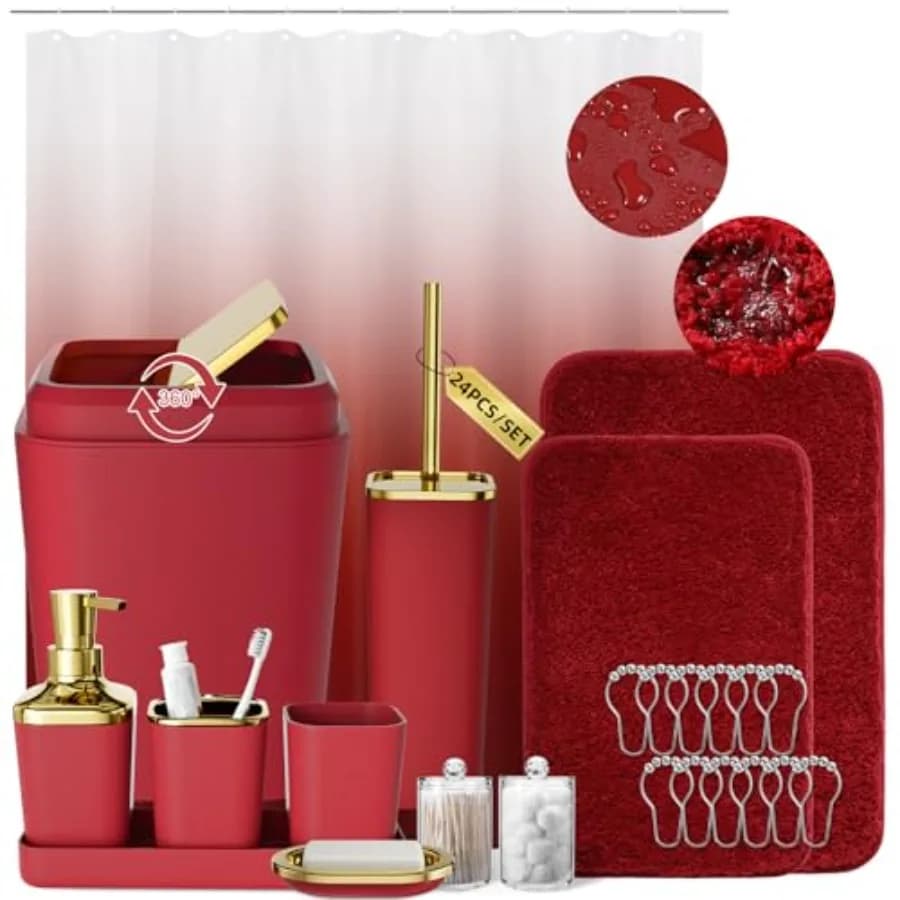 Set di Accessori Bagno Bordeaux con Tenda Doccia e Tappeti, Accessori Bagno Rosso Scuro con Cestino, Portaspazzolino