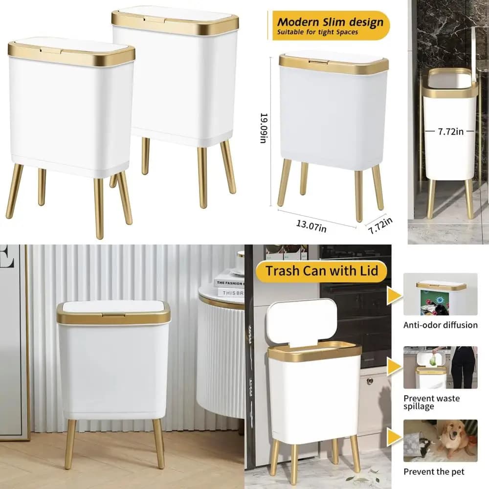 Pattumiera moderna da bagno in plastica sottile con bordo dorato per camera da letto, bidone della spazzatura dal design stretto con coperchio