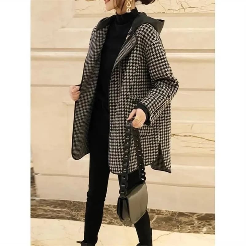 2023 primavera autunno nuovo coreano con cappuccio mille uccelli Plaid cappotto di lana di media lunghezza sciolto moda sottile cappotto di lana pendolare Plaid