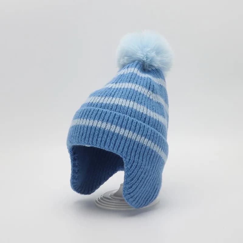 Kids Hat Winter Autumn Korean Ear Protection Knitted Striped Keep Hot Hats for Girls Boys With Ball With Kids Pompon New