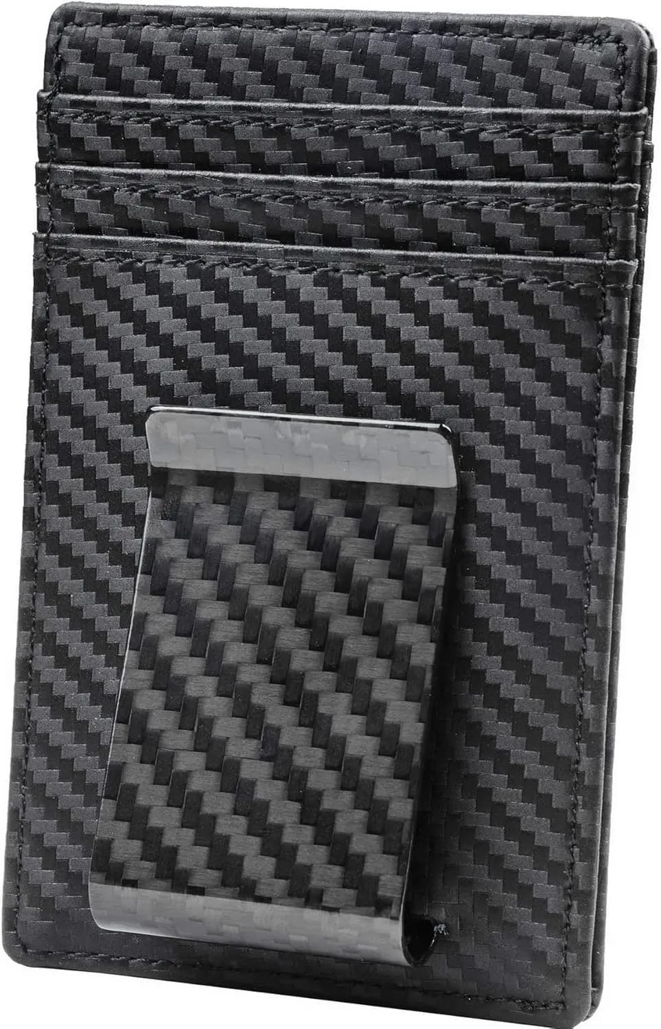 Portafoglio con fermasoldi in fibra di carbonio per uomo, sottile, minimalista, con blocco RFID, porta carte in pelle