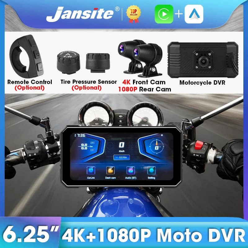Jansite 6.25 "Moto DVR 4K + 1080P Dash cam IPS Screen Recorder Carplay Android Carplay Dual Recording Camera Bluetooth Helmet