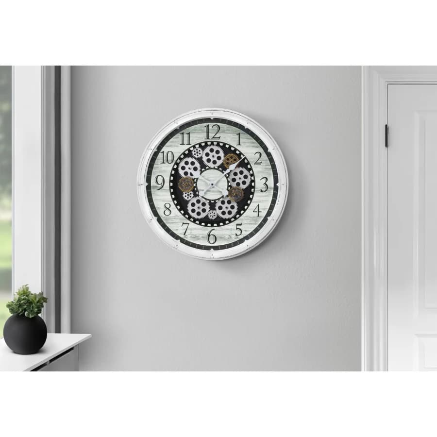 Orologio da Parete, Rotondo 20 Pollici, Meccanismo a Ingranaggi, Bianco Anticato, Stile Transizionale per Soggiorno o Ufficio
