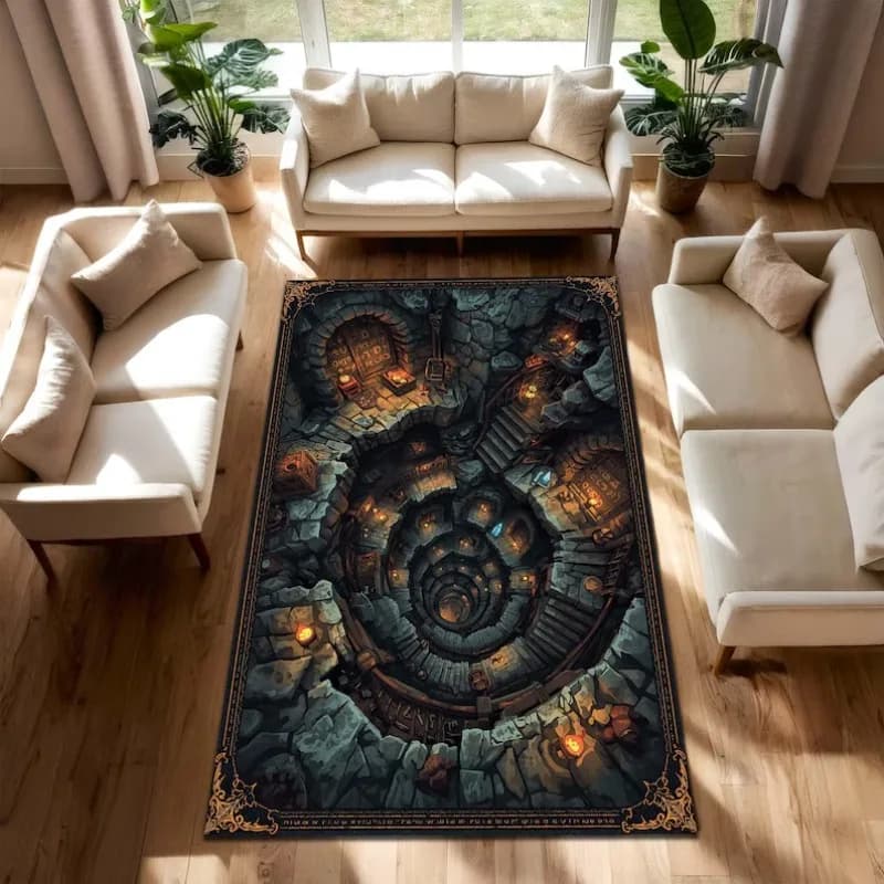 2D Spiral Carpet with Fantastic Dungeon Map, Illusion Decoration, Soft Anti-slip Floor Mat, Rug with Grotto Holes for Living and Play Room
