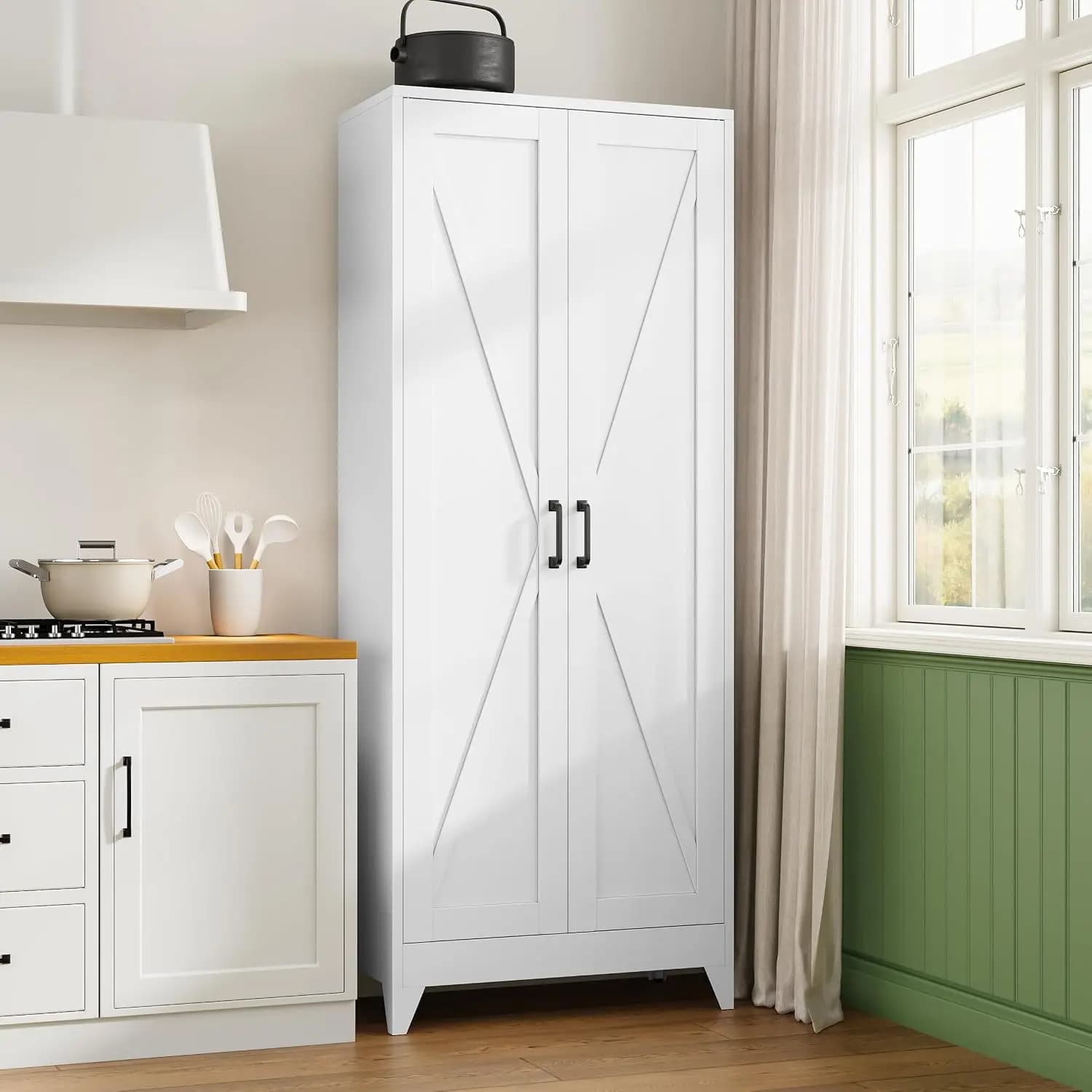 Tall Metal Storage Cabinet, Freestanding Kitchen Pantry Cupboard With Two Doors And Four Adjustable Shelves, Multipurpose Utility Organizer For Home Office Garage And Laundry Room, Modern Farmhouse, White